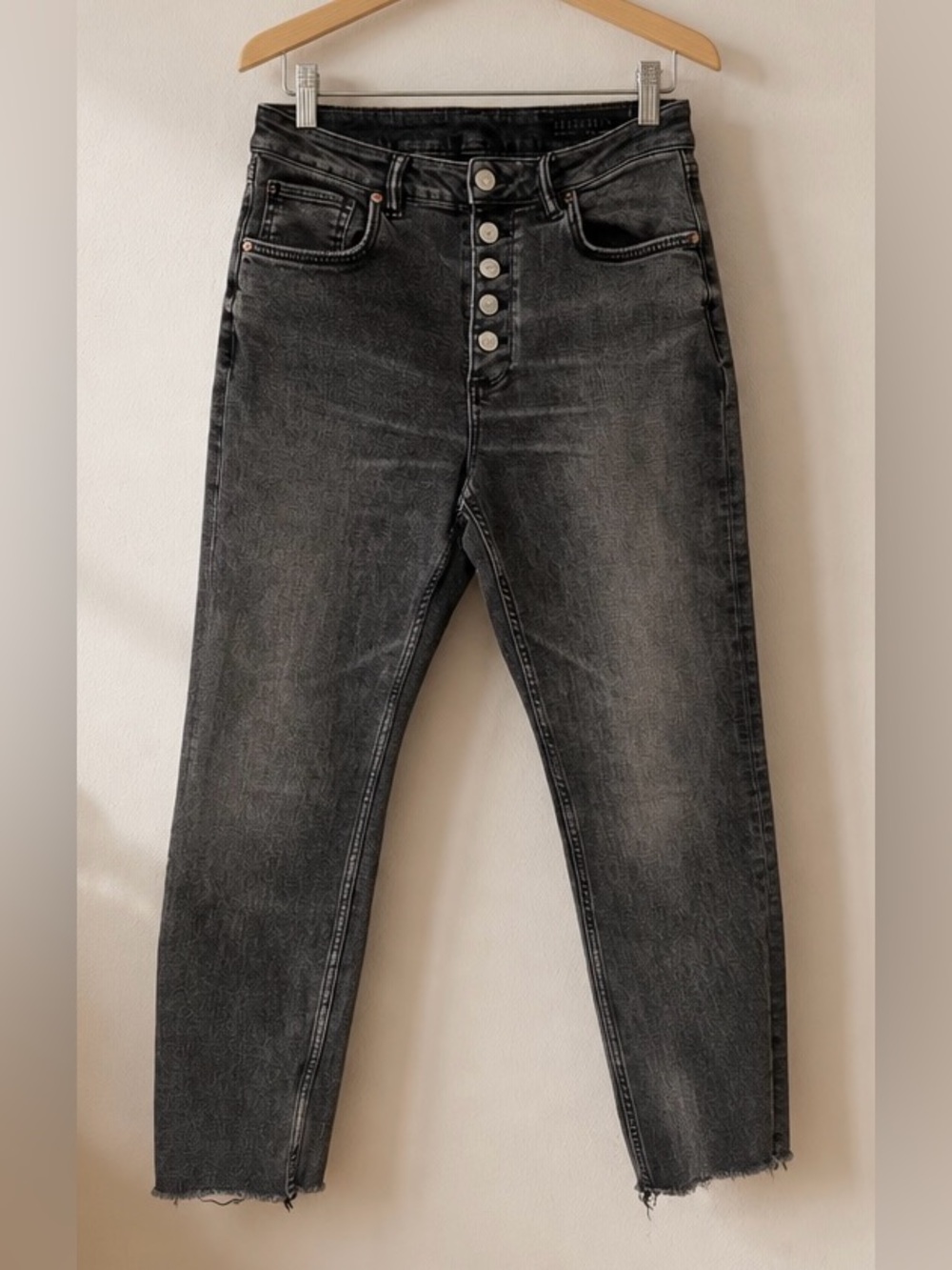 AllSaints Women's 28 Jules High Rise Stretch Jeans Charcoal Button Fly Raw Hem
